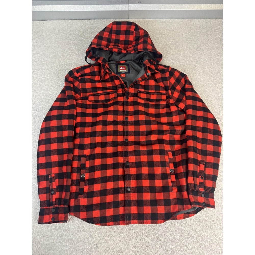 Quiksilver Jacket Mens Medium Red Black Plaid Hooded Flannel Parka Insulated